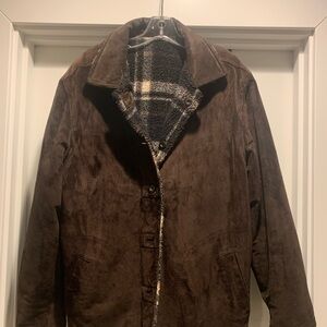 Rugged Reversible Jacket: Brown Suede and Brown/Blue/Gray Sherpa.